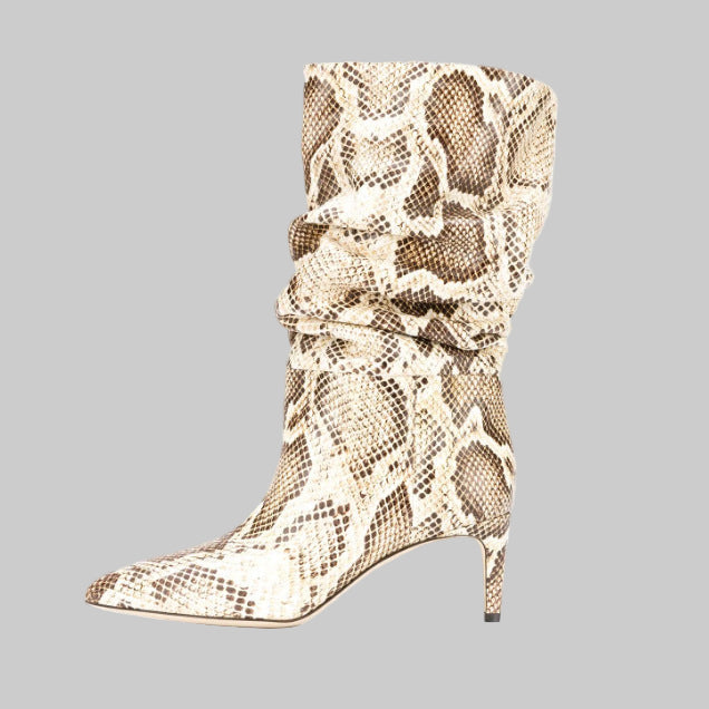 Pointed Toe Stiletto High Heel Snake Print Pleated Mid-top Boots