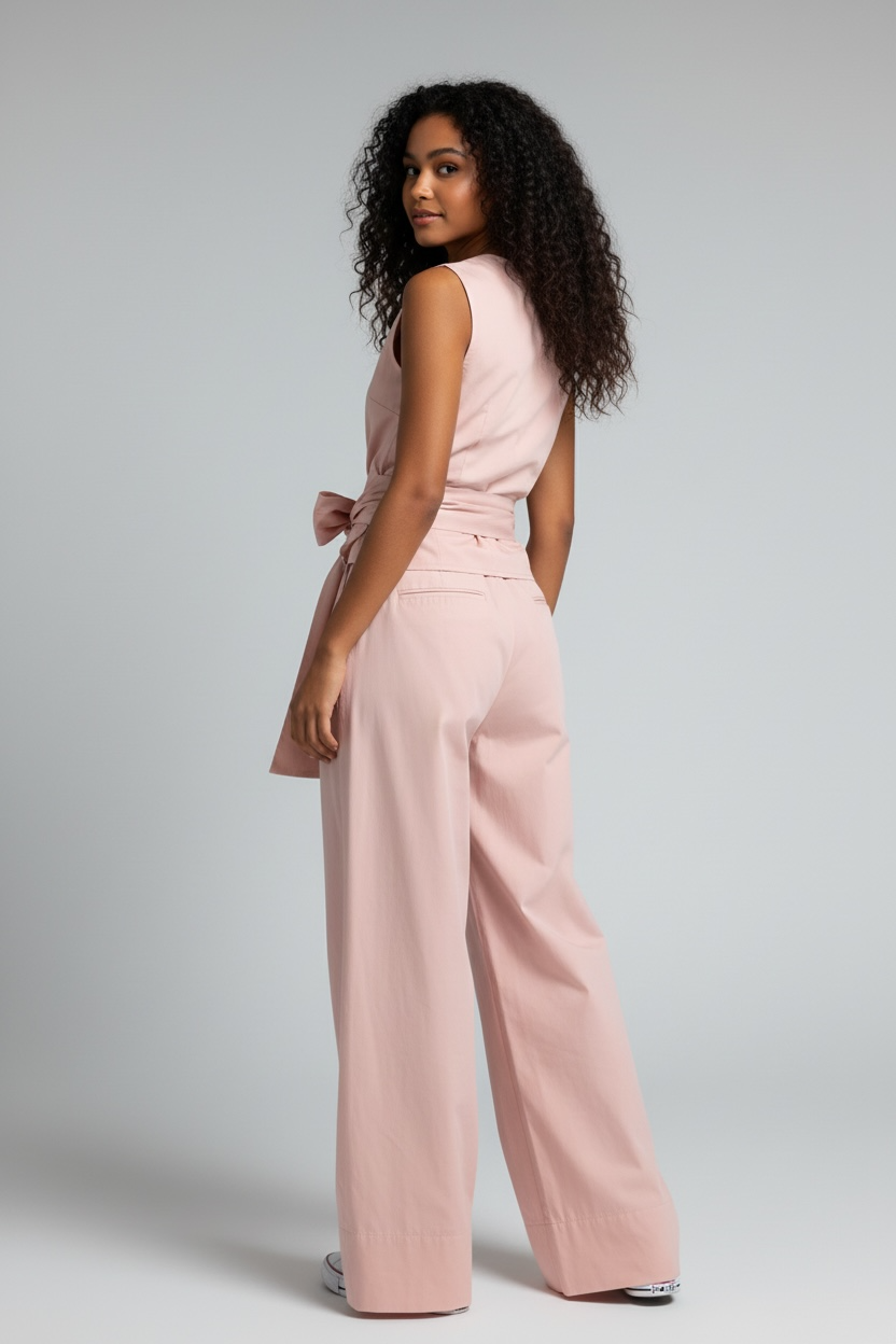Poplin V Neck Top and High Waist Wide Leg Pants Set for Women - Modestly Vogue 