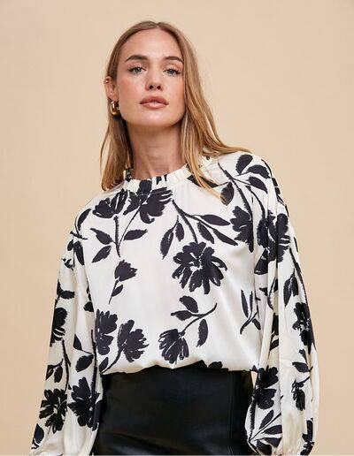 White Frill Printed Balloon Sleeve Blouse - Stylish & Trendy Women's Top - Modestly Vogue 