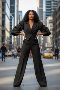 Office Casual Large Collared Pleated Sleeves Work Pant Two Piece Sets - Modestly Vogue 
