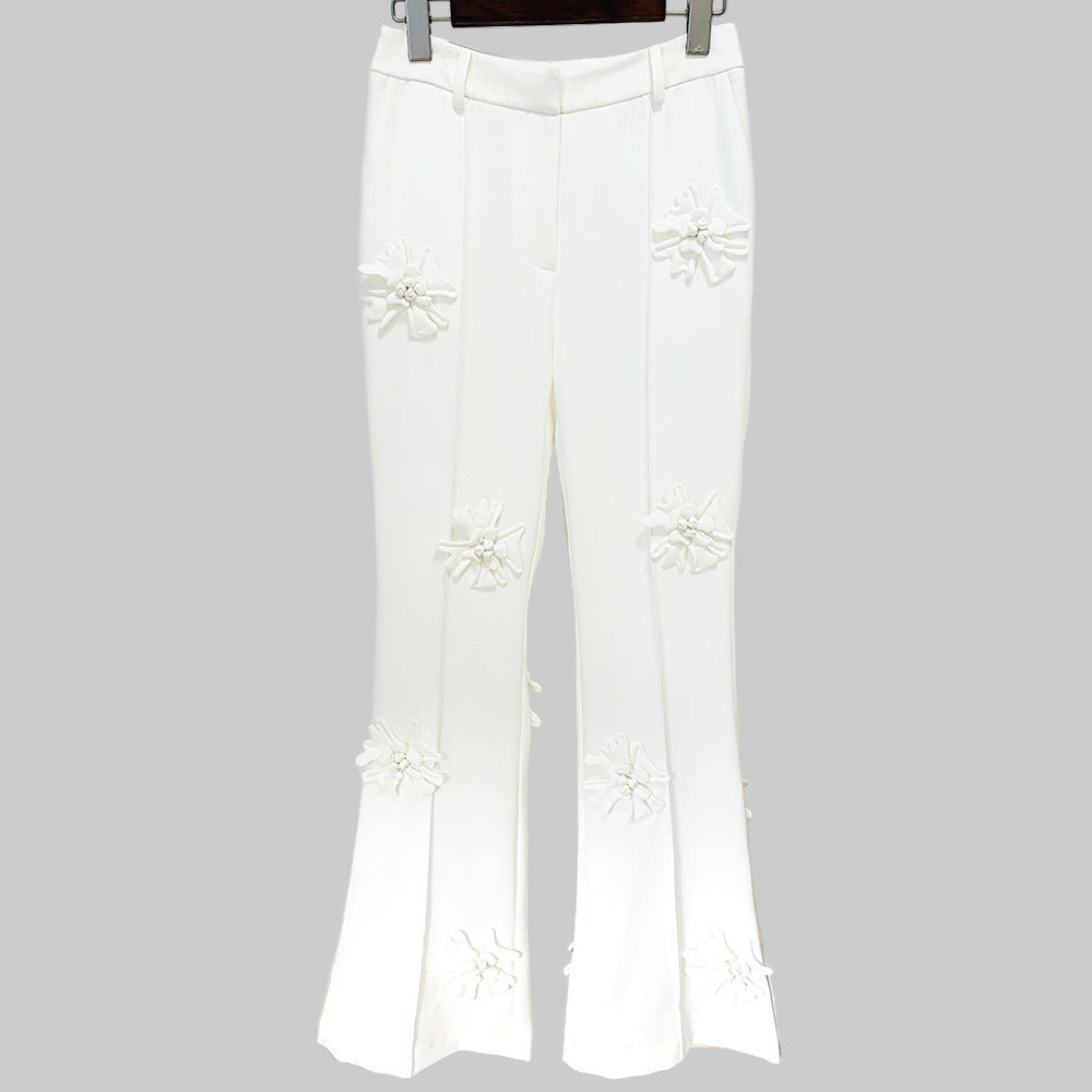 Fashion Heavy Industry 3D Flower Decoration Trousers Suit Pants