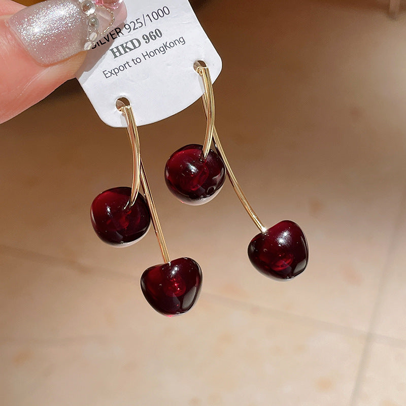 Silver Needle Vintage Cherry Resin Stud Earrings Niche Temperament Design Sense - Modestly Vogue 