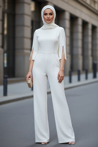 Women's Elegant Round Neck Jumpsuit - Mid-Sleeve With Side Slit Cuffs & Pearl Accents, Back Zipper Design For Casual To Formal Events - Modestly Vogue 