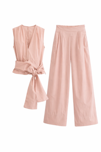 Poplin V Neck Top and High Waist Wide Leg Pants Set for Women - Modestly Vogue 