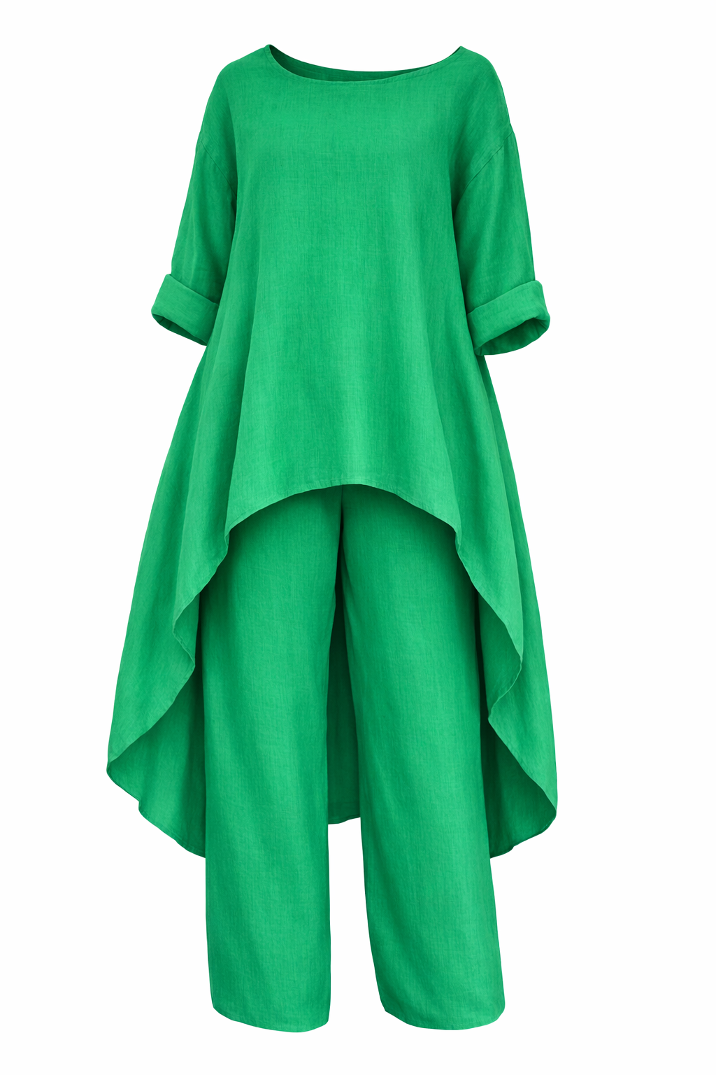 Casual Solid Color Pant Co-ord Set with Long Sleeve Top and Wide Leg Cotton and Linen Pants, 2 Pieces Set for Autumn - Modestly Vogue 