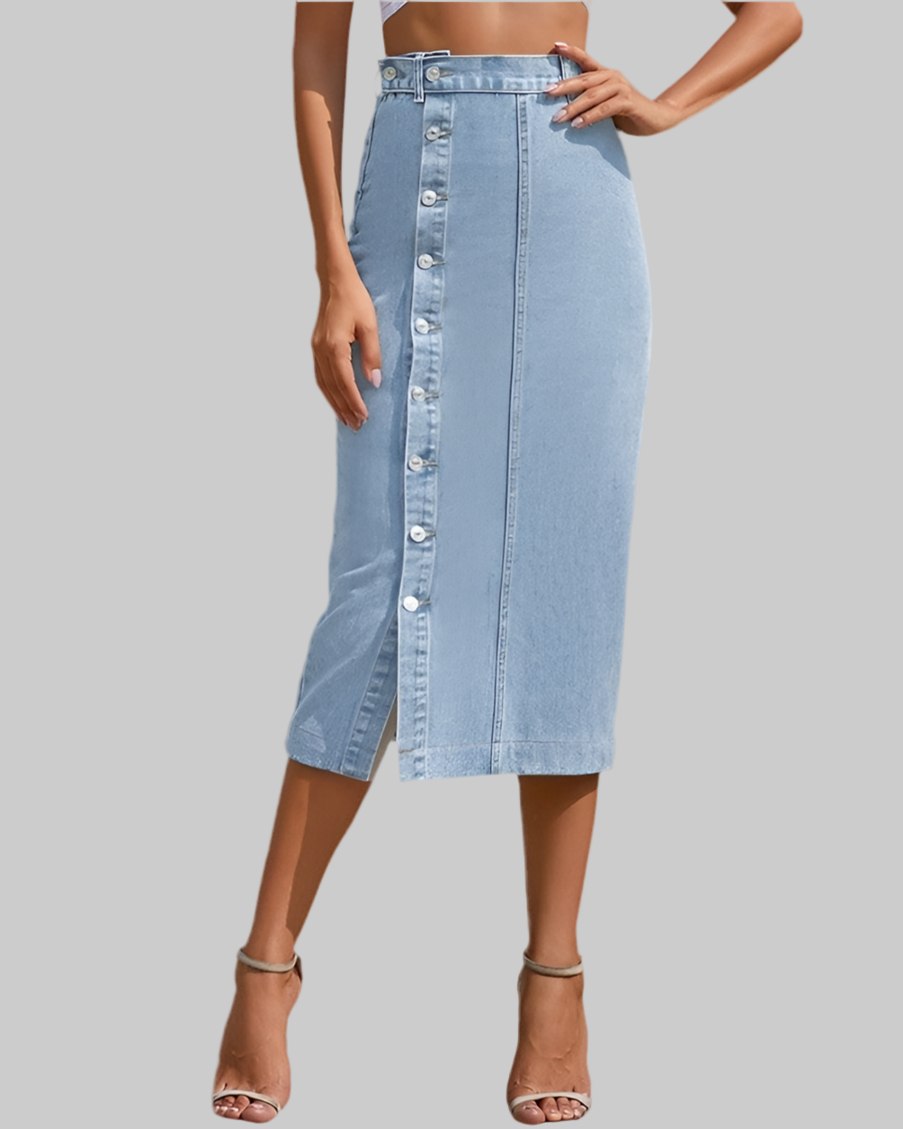 High-Waisted Denim Midi Skirt – Classic Jean Skirt for Women - Modestly Vogue 