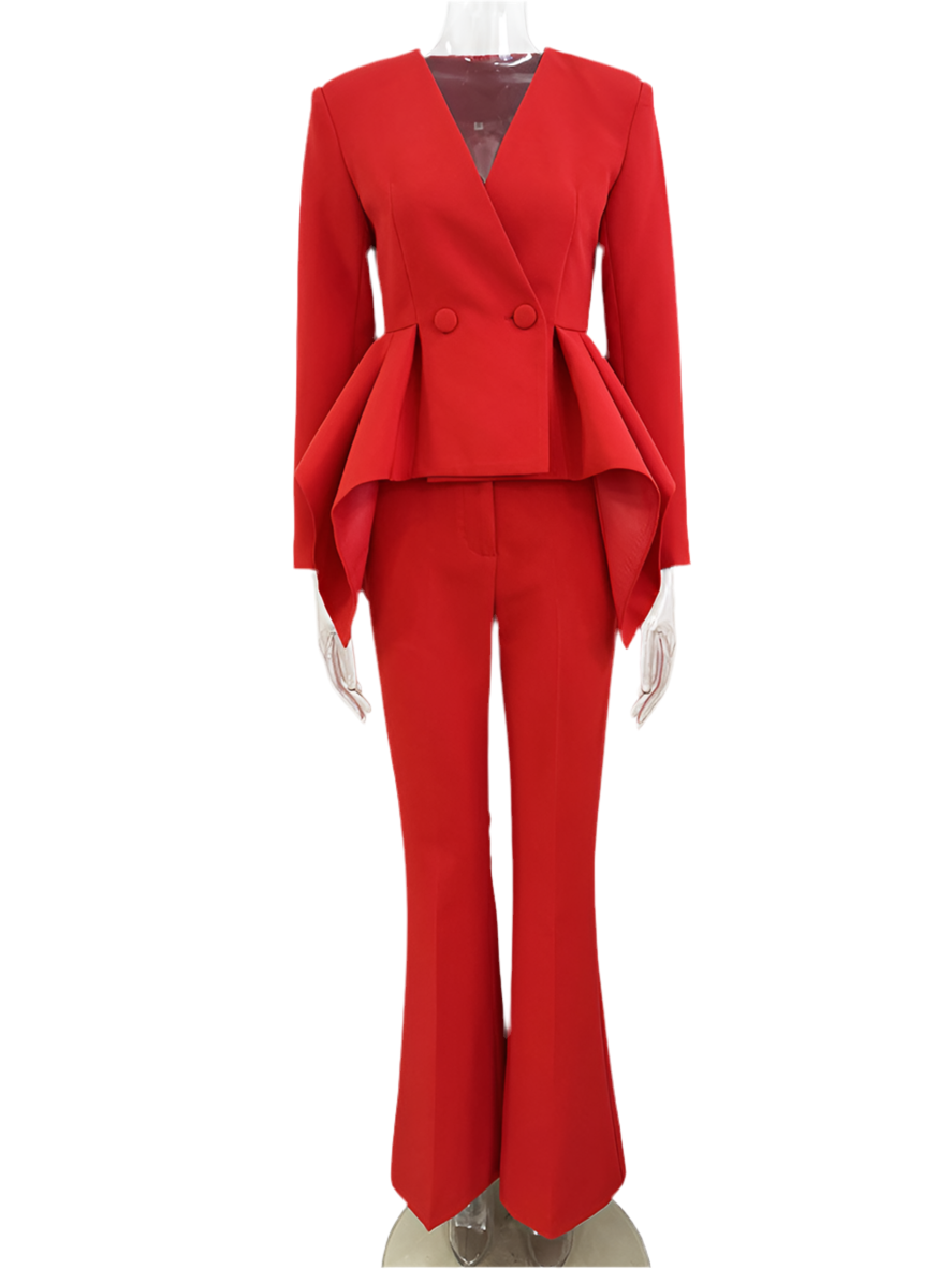 Red Tailored Peplum Jacket Bootcut Two Piece Pant Set Suit - Modestly Vogue 