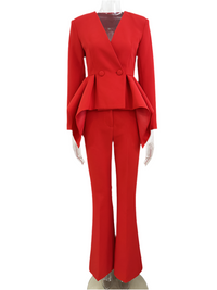 Red Tailored Peplum Jacket Bootcut Two Piece Pant Set Suit - Modestly Vogue 
