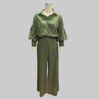 Autumn Solid Color Long Sleeved Shirt Wide Leg Pants Cotton Linen Two Piece Sets - Modestly Vogue 