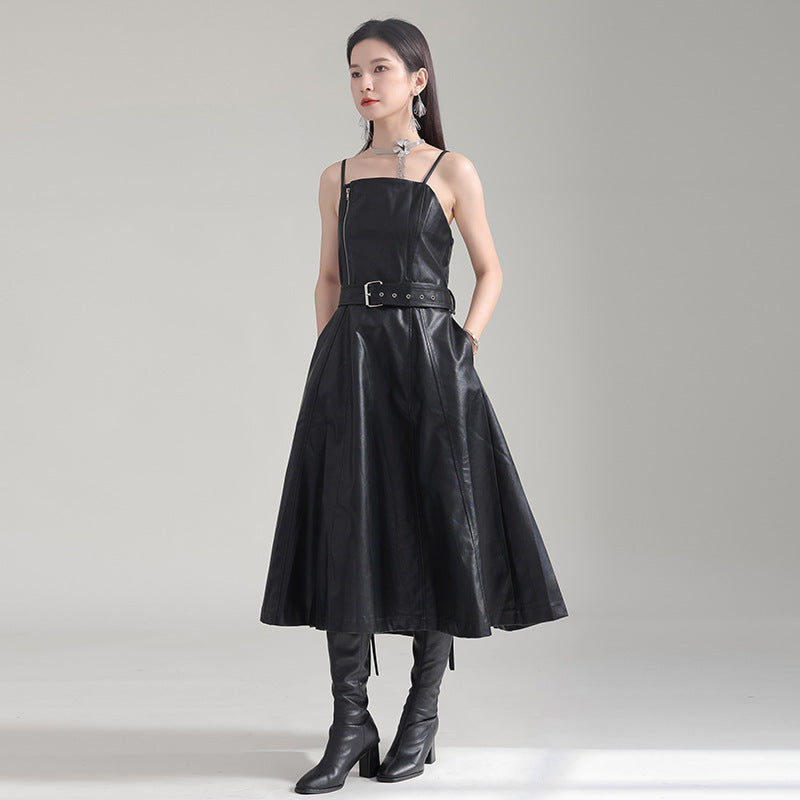 Retro Waist-controlled Slimming PU Leather High Waist Dress