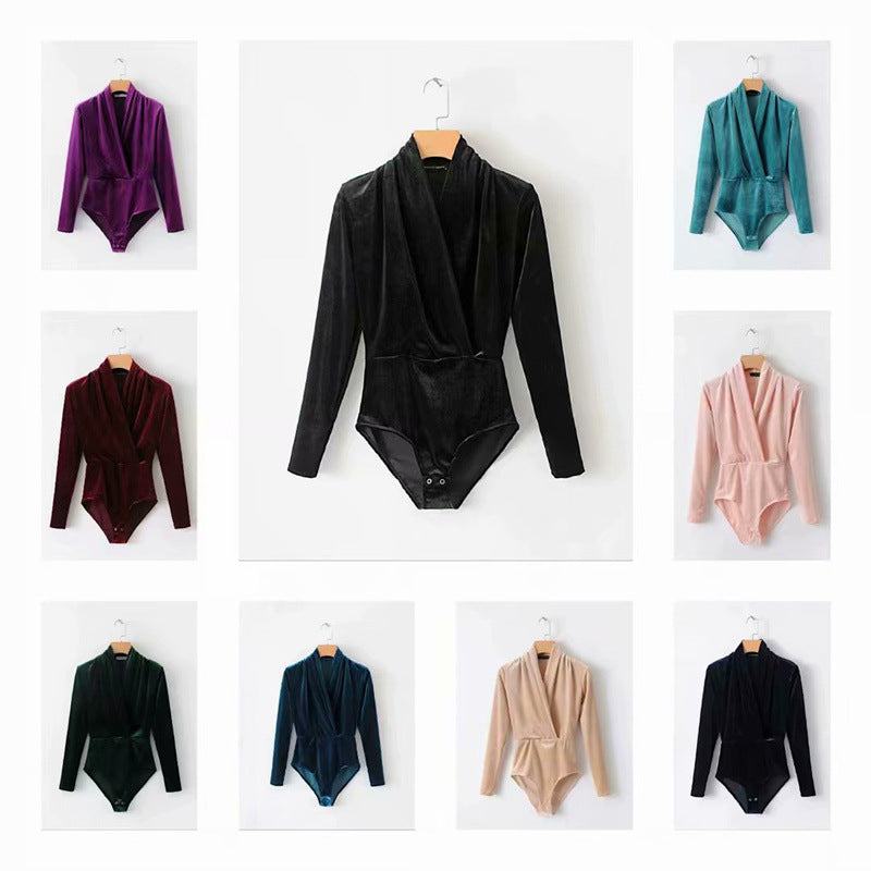 Retro cross V-neck velvet one-piece women