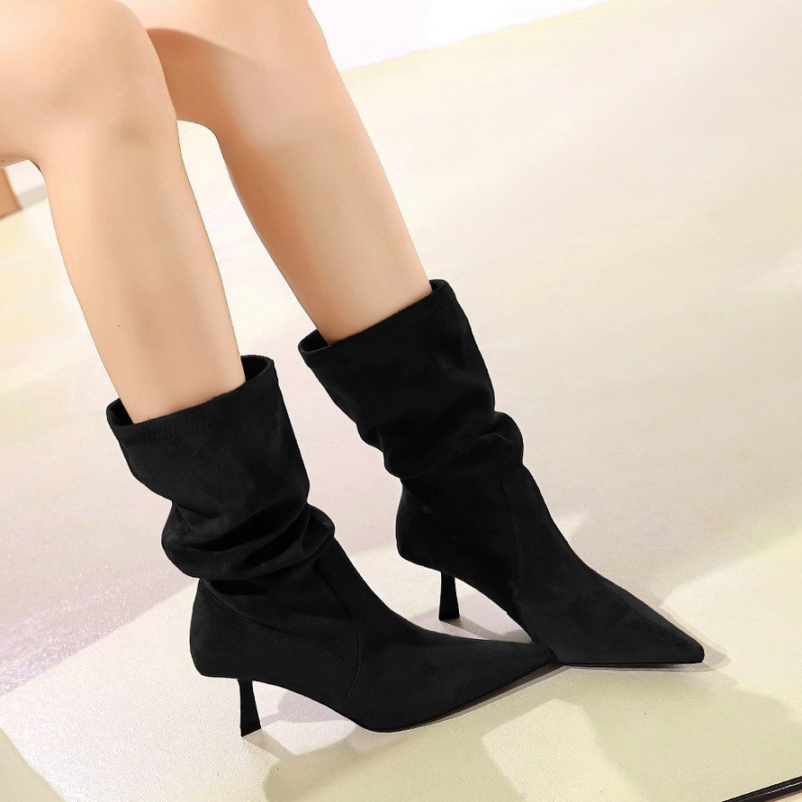 Middle Boots Elastic Pleated Pile Style All-Match Pointed Toe Boot