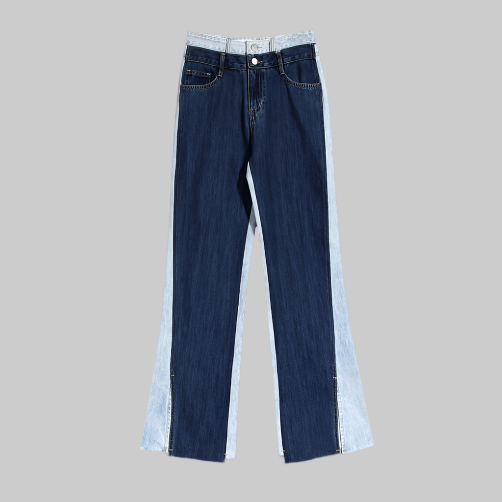 Blue Two Color Color Contrast Patchwork Washed Distressed High Waist Women Denim Wide Leg Jeans