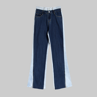 Blue Two Color Color Contrast Patchwork Washed Distressed High Waist Women Denim Wide Leg Jeans
