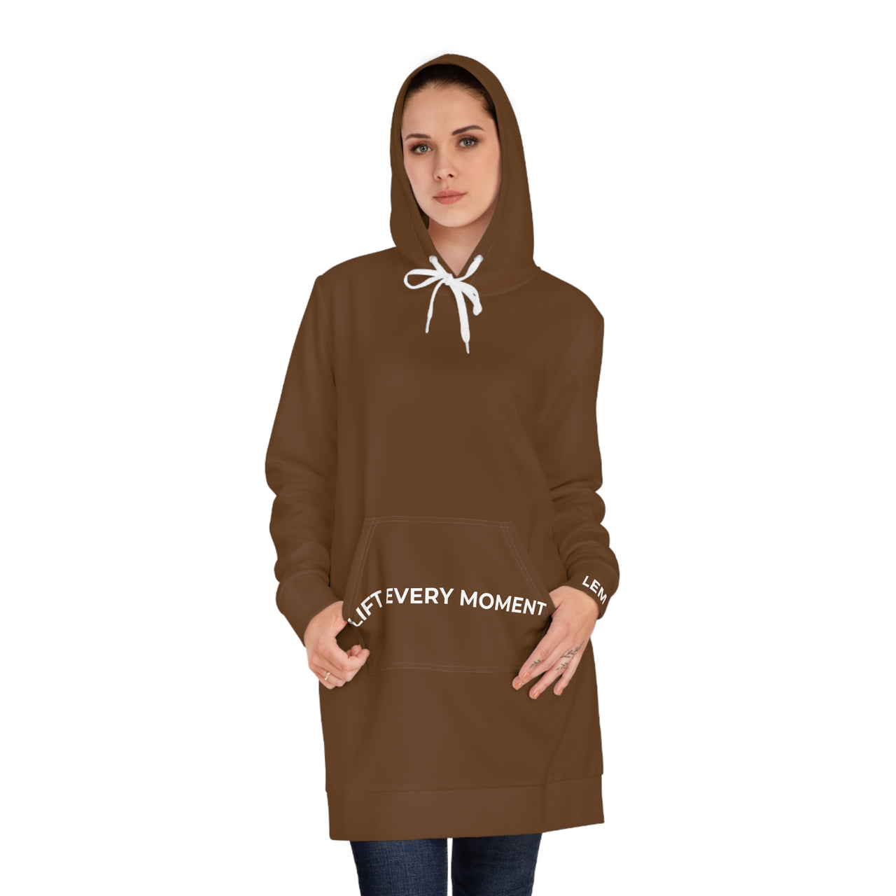 Modest in Motion Hoodie Dress — 'Lift Every Moment' Cozy Women's Pullover Dress Brown