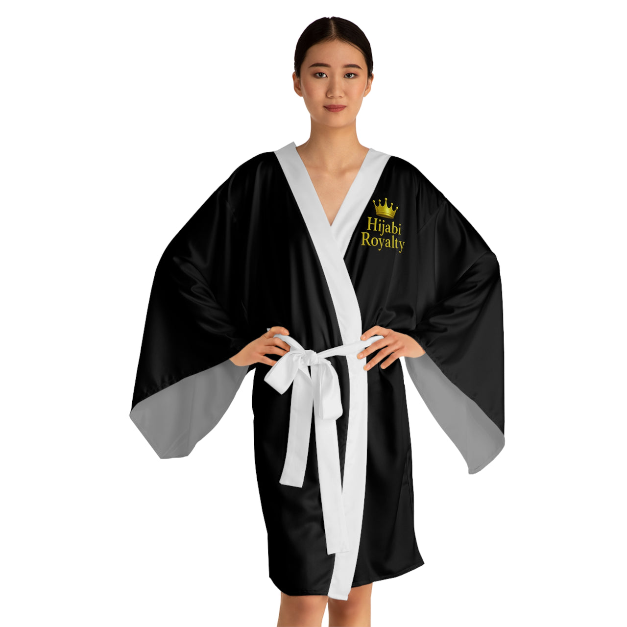 Hijabi Royalty™ Luxe Noir Contrast Edition Kimono Robe – Luxury Spa Long Sleeve Robe with Crown Logo