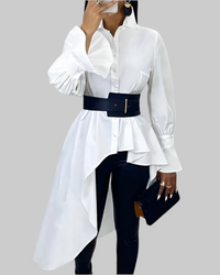 White Cotton Polyester Asymmetrical Cut Shirt - Belt Included a Fit White - Modestly Vogue 