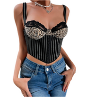 Black Leopard Lace Backless Suspender Vest with Steel Ring Details - Modestly Vogue 