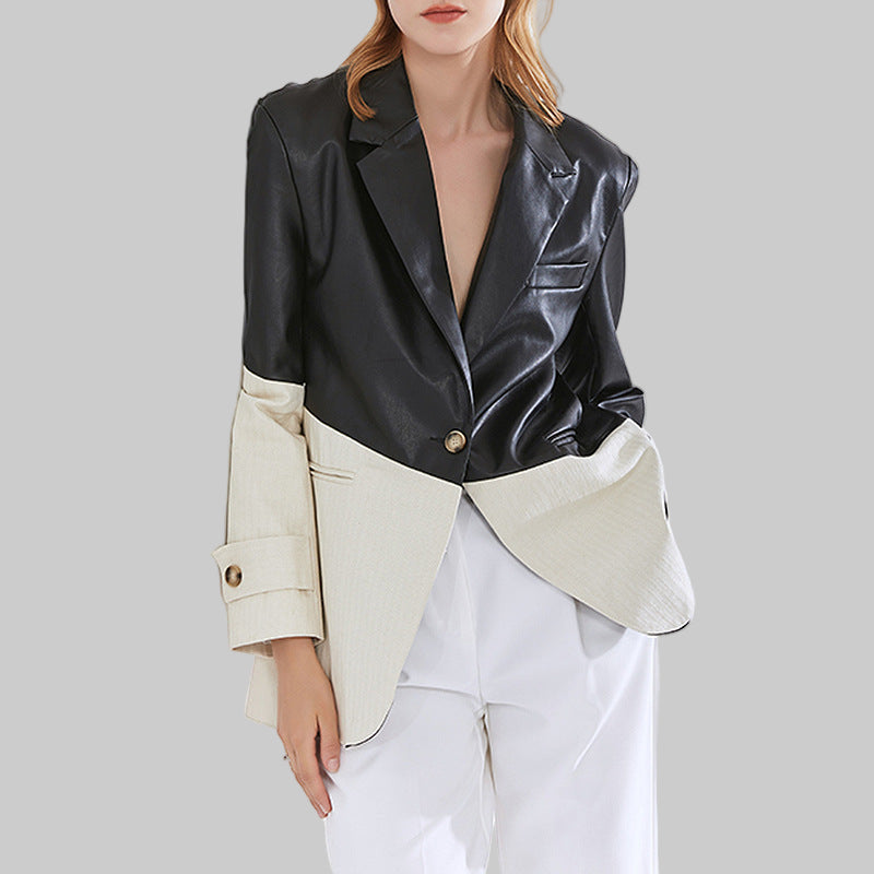 Ladies Loose Stitching PU Leather Suit Jacket