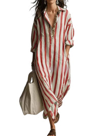 Striped Lapel-collar Dress With Side Slits And Pockets - Modestly Vogue 