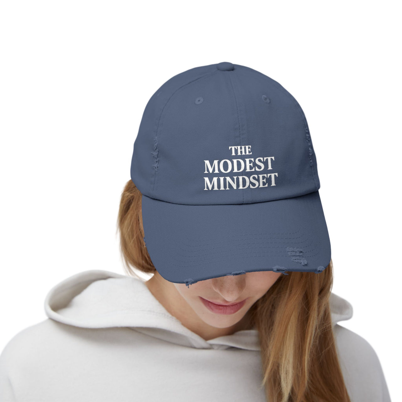 Unisex Distressed Cap – Modest Mindset Inspirational Hat for Everyday Style