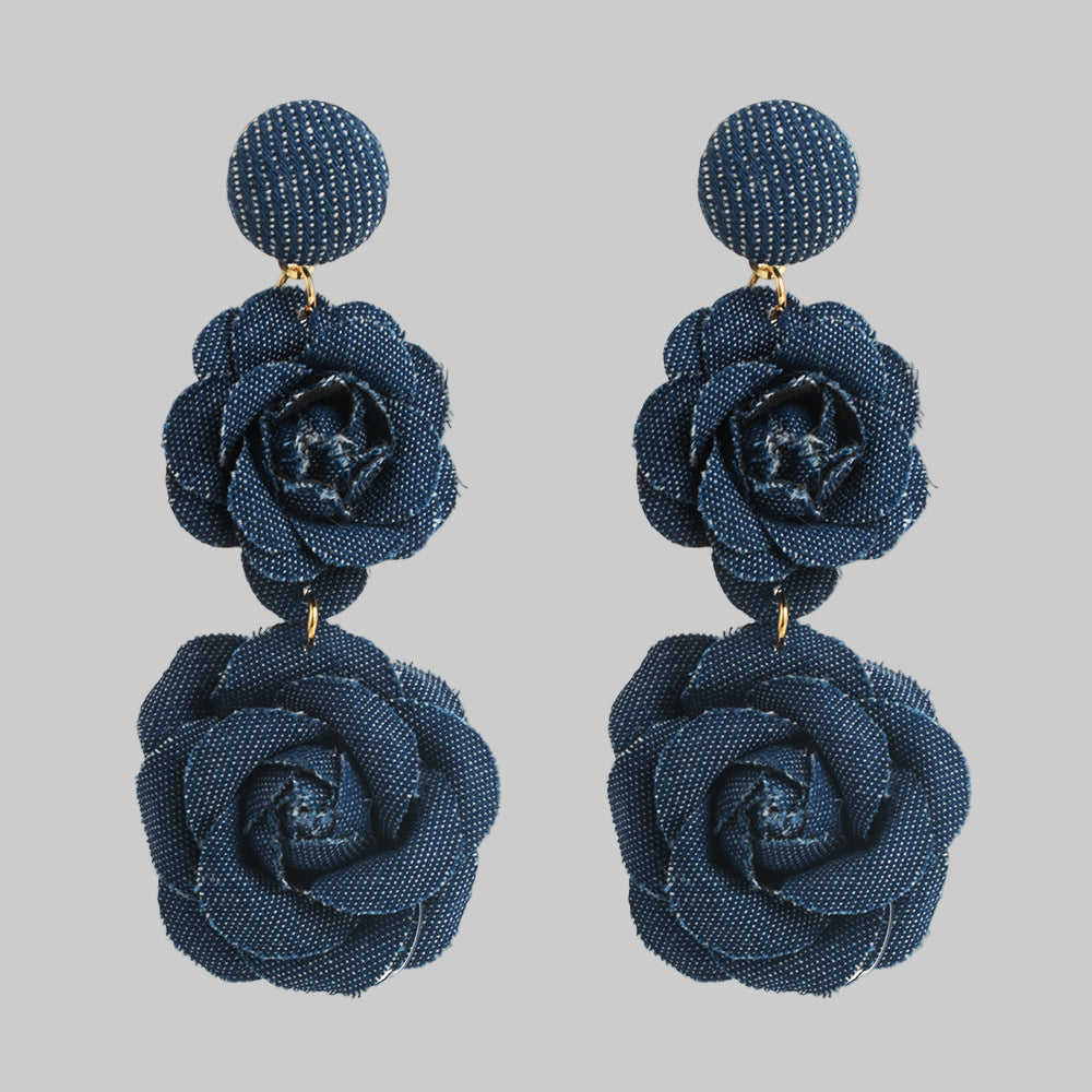 Denim Fabric Flower Earrings | Multi-Layer Long Design - Modestly Vogue 