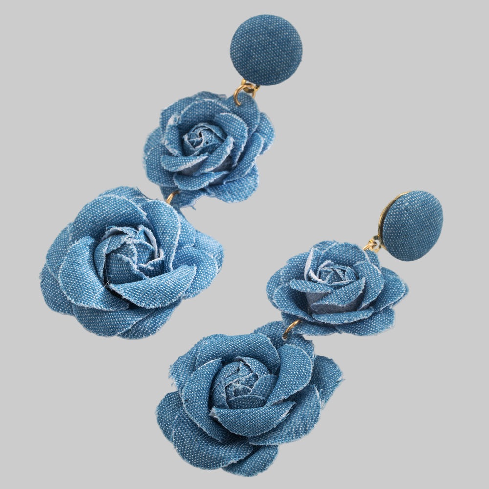 Denim Fabric Flower Earrings | Multi-Layer Long Design - Modestly Vogue 