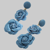 Denim Fabric Flower Earrings | Multi-Layer Long Design - Modestly Vogue 