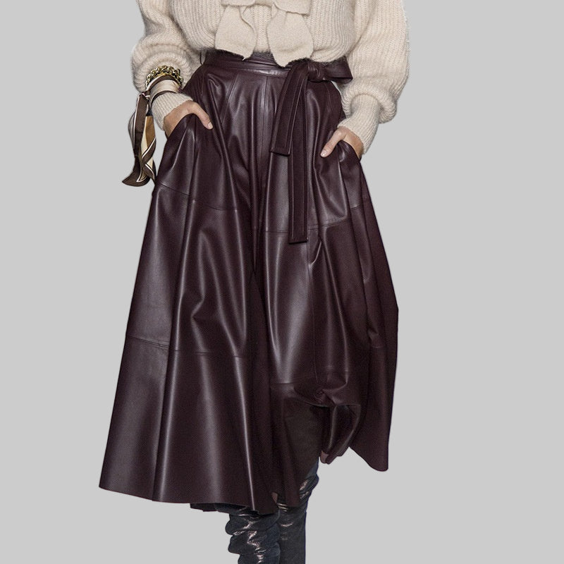 High waist long A-line PU leather skirt - Modestly Vogue 