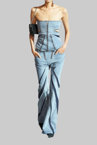 Blue Denim Patchwork Tube Top Three Jeans Two Piece Set - Modestly Vogue 