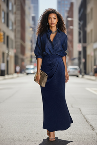 Two Piece Simple Elegant Office Drape Shirt High Waist Ruched Mid Length Skirt Two Piece Sets - Modestly Vogue 