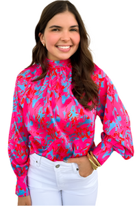 Purple Printed Bubble Sleeve Mock Neck Blouse – Elegant & Trendy - Modestly Vogue 