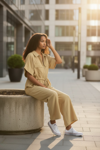Women Hunting Long Sleeve Collared Shirt Elastic Waist Wide Leg Pants - Modestly Vogue 