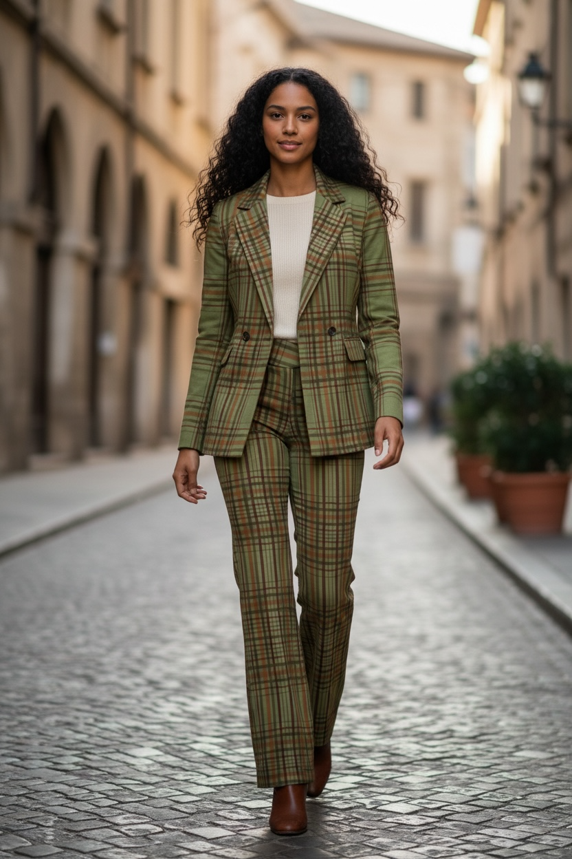 Green Plaid Pant Set – Stylish Women’s Suit Outfit - Modestly Vogue 