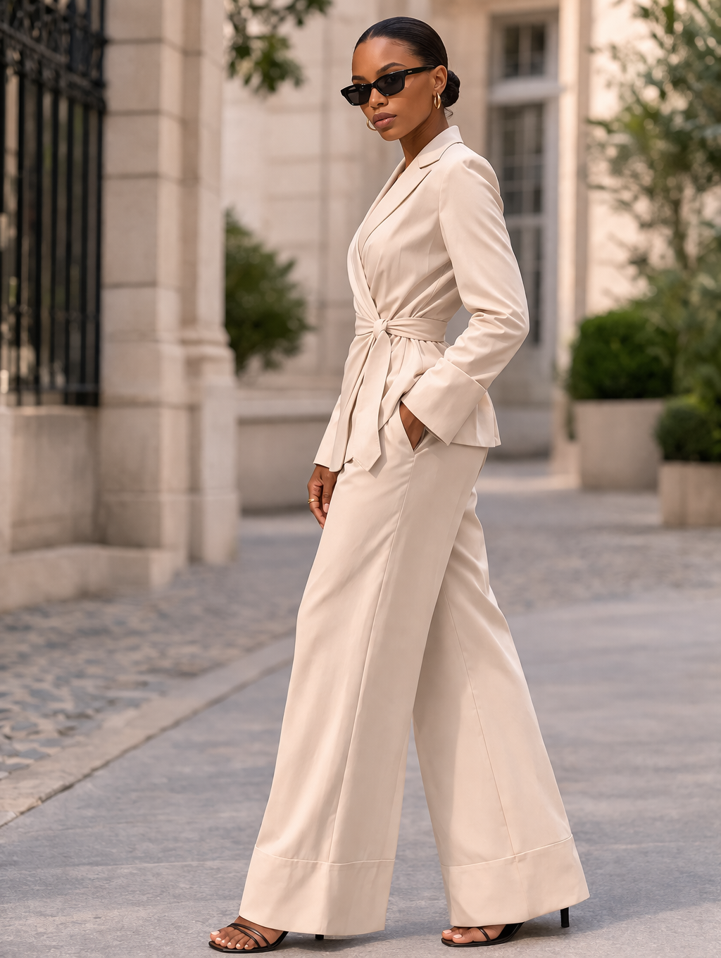 Women's Satin V-Neck Tie Top & Wide Leg Pants Two Piece Set - Modestly Vogue 