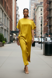 Women’s Yellow Satin Maxi Dress – Elegant Summer Style - Modestly Vogue 