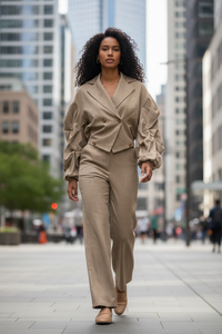 Office Casual Large Collared Pleated Sleeves Work Pant Two Piece Sets - Modestly Vogue 