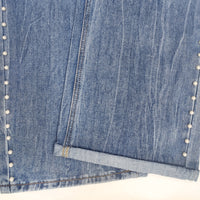 Women Clothing Autumn Magic Heavy Industry Metal Rivet White Pearl Straight Leg Denim