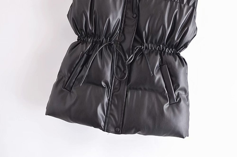 Drawstring Waist Faux Leather Vest Cotton Jacket - Modestly Vogue 