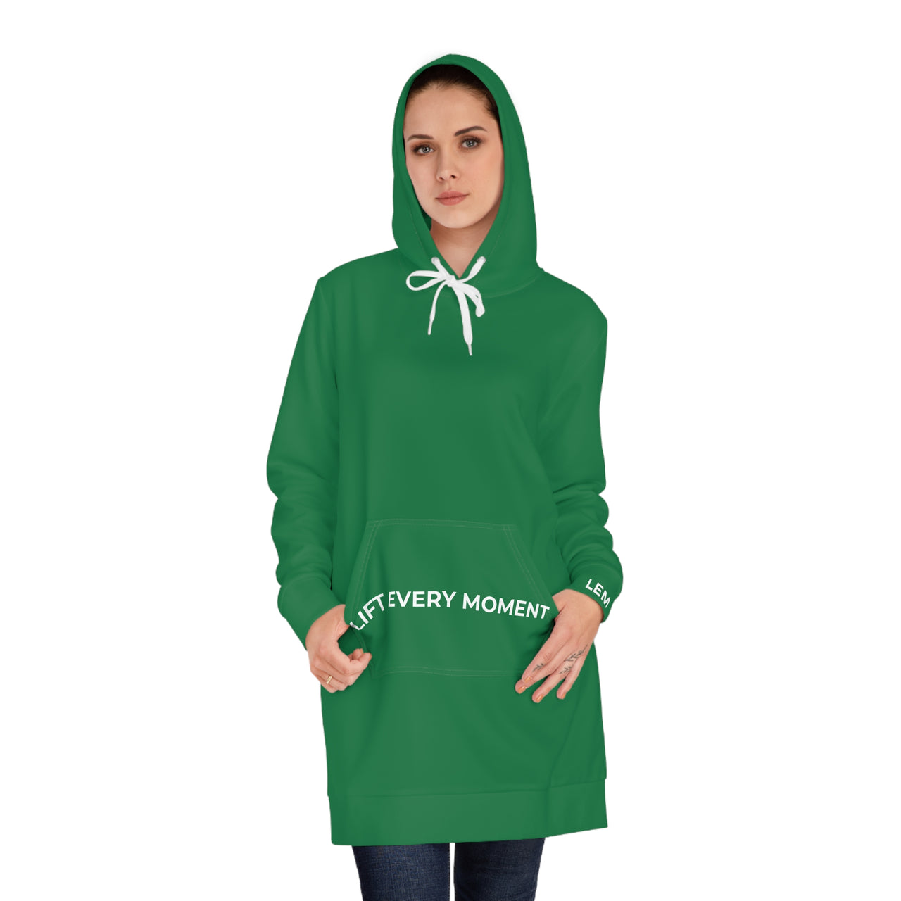 Modest in Motion Hoodie Dress — 'Lift Every Moment' Cozy Women's Pullover Dress Green