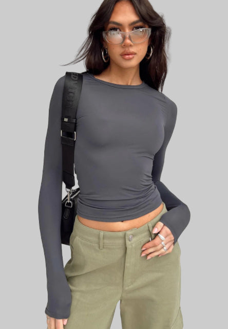 Women's Slim Fit Long Sleeve Pullover Tops Casual Solid Color Shirt"