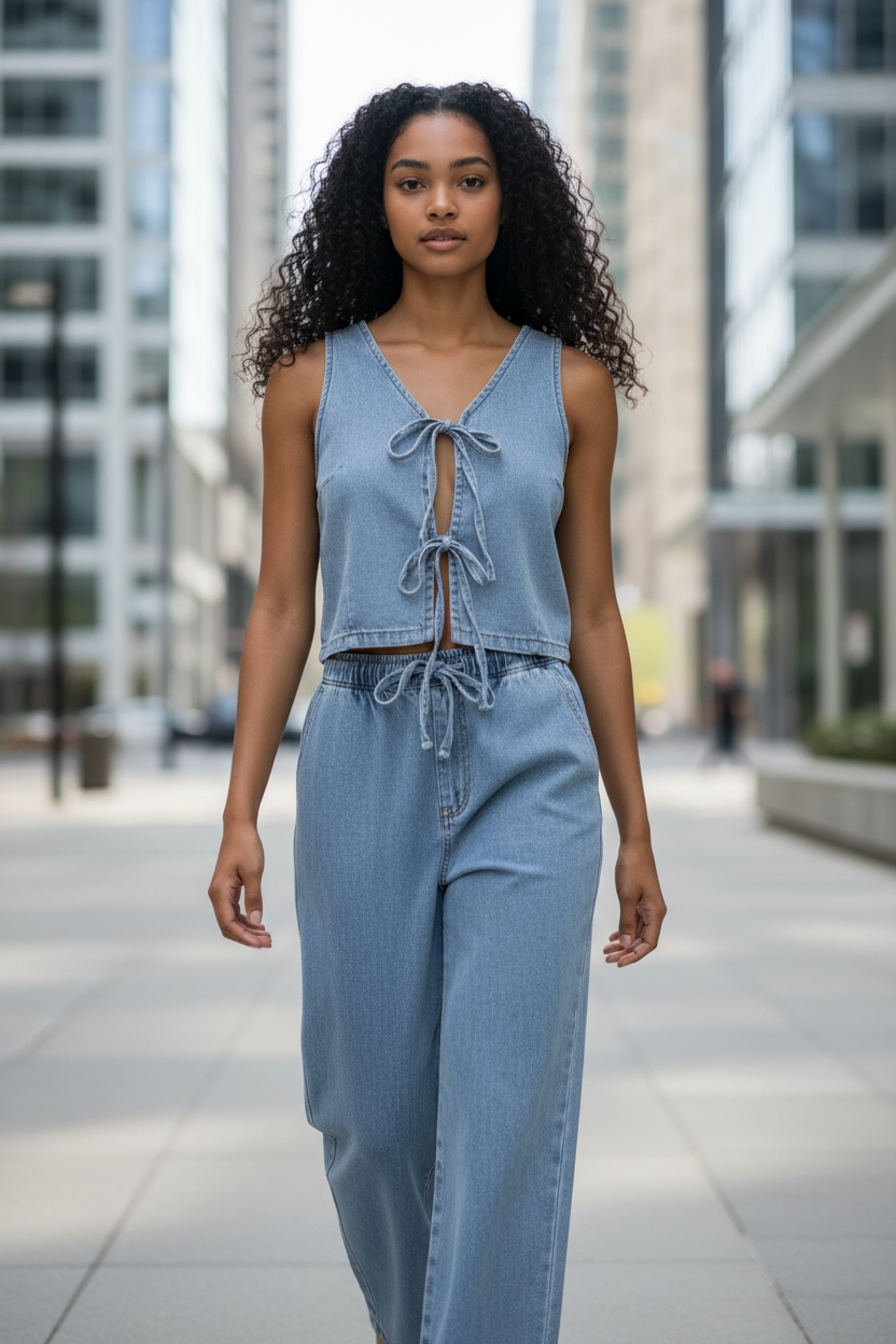 Women Spring Summer Sleeveless Lace up Vest Lace up Wide Leg Jeans Denim Set - Modestly Vogue 