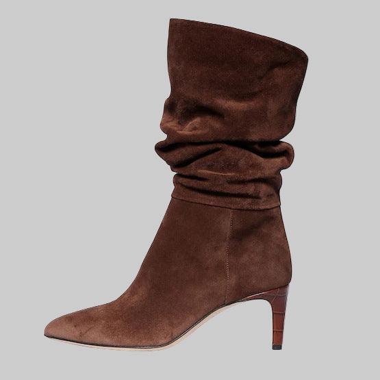 Pointed Toe Stiletto High Heel Snake Print Pleated Mid-top Boots