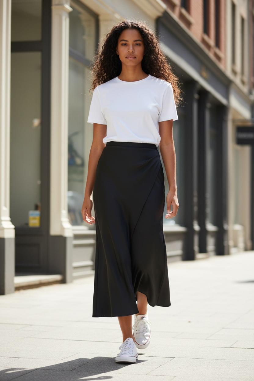Women’s Satin Midi Skirt – Elegant Mid Length Silk Style - Modestly Vogue 