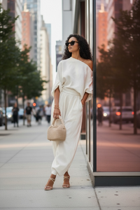 Solid Color Casual Pant Co-ord Set with Long Sleeve and Loose Fit Bloomers in Cotton and Linen Fabric, Stretchy - Modestly Vogue 