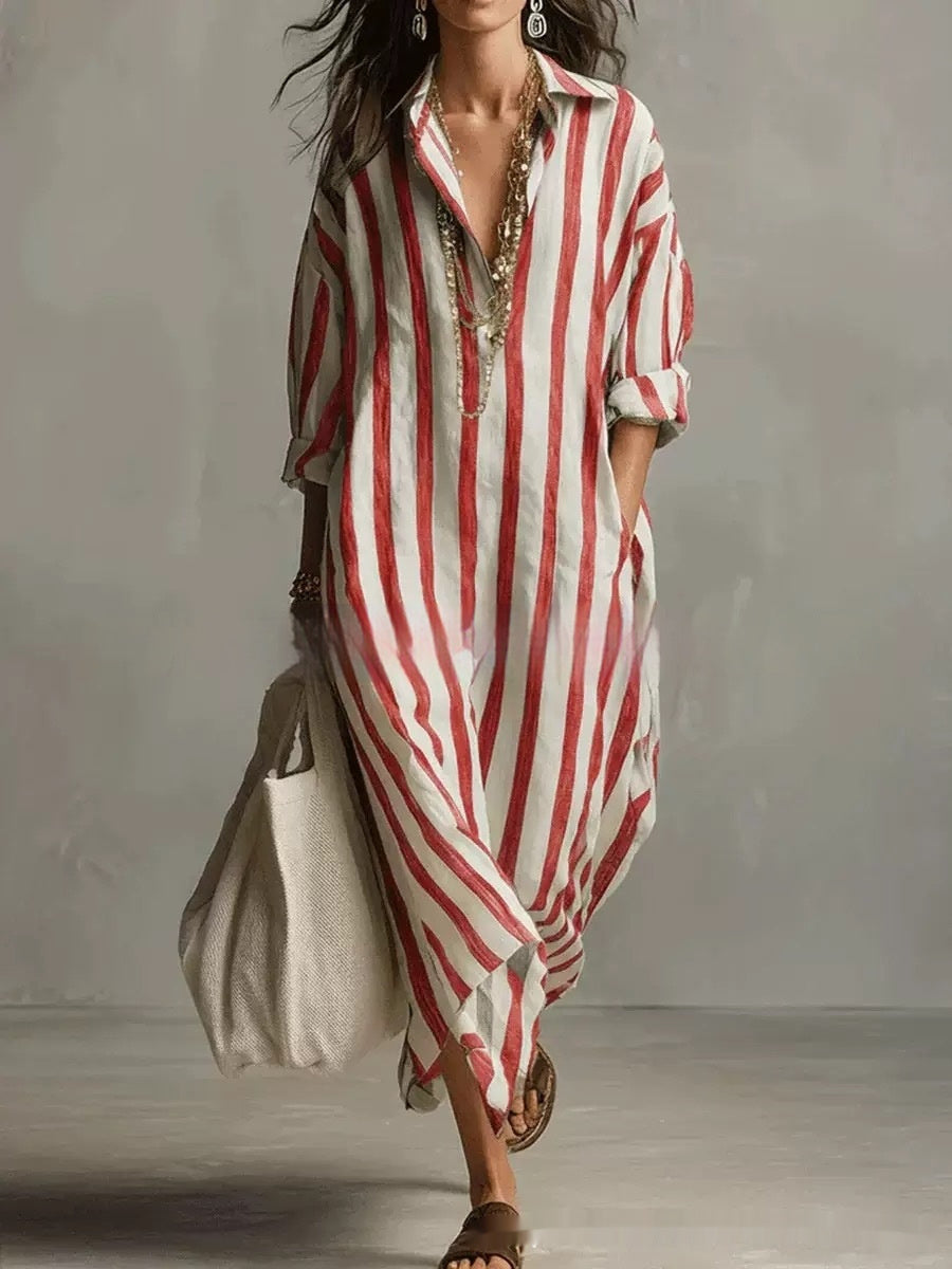 Striped Lapel-collar Dress With Side Slits And Pockets - Modestly Vogue 