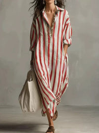 Striped Lapel-collar Dress With Side Slits And Pockets - Modestly Vogue 