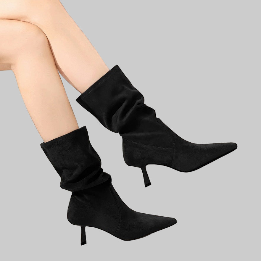 Middle Boots Elastic Pleated Pile Style All-Match Pointed Toe Boot