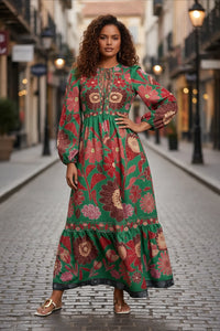 Printed Flared Skirt Long Sleeve Lace Up Casual Dress - Modestly Vogue 