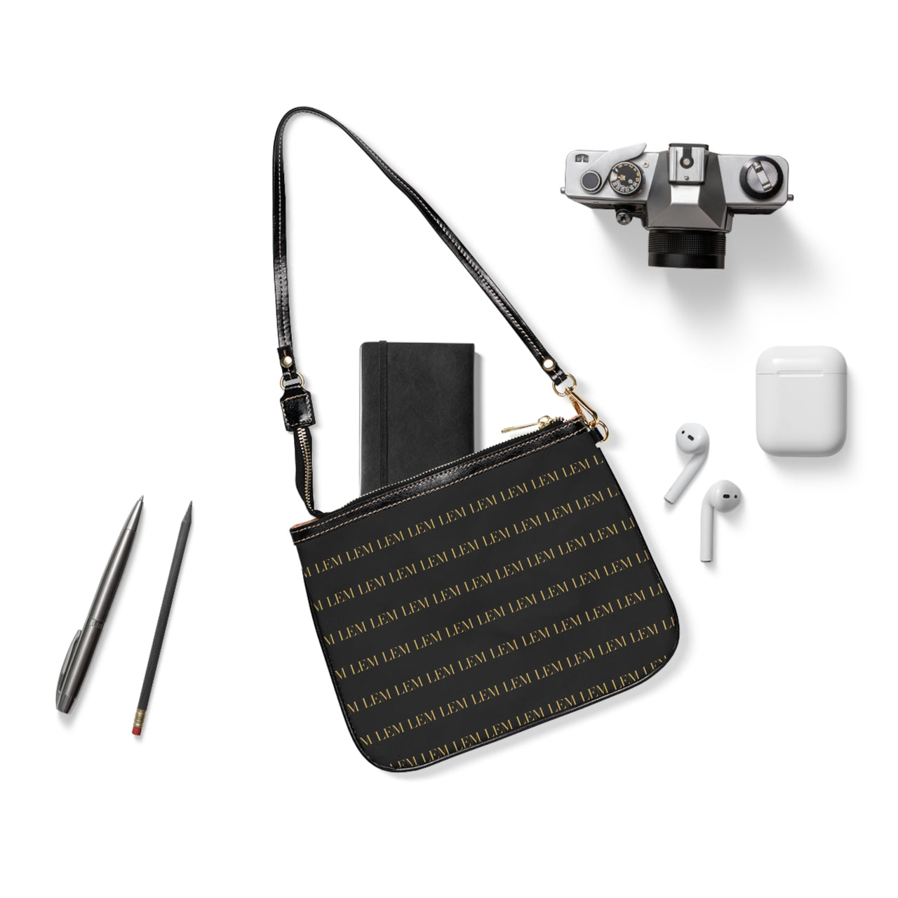 LEM Signature Monogram Mini Shoulder Bag — Black & Gold LEM Pattern - Modestly Vogue 